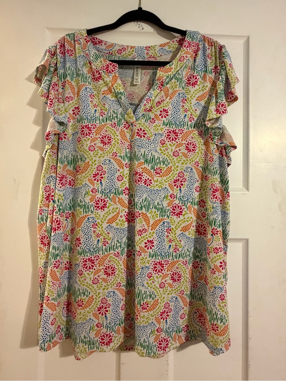 V-Neck Flutter Sleeve Printed Tunic Top - Multicolor